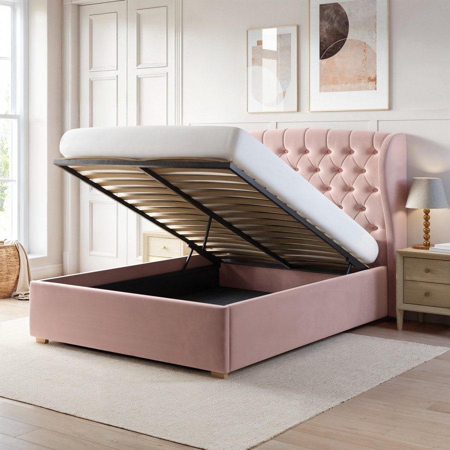 Pink Velvet King Size Ottoman Bed with Winged Chesterfield Headboard - Safina