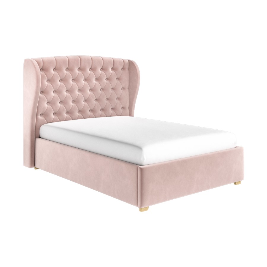 Pink Velvet King Size Ottoman Bed with Winged Chesterfield Headboard - Safina