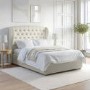 Cream Upholstered Double Ottoman Bed with Winged Chesterfield Headboard - Safina