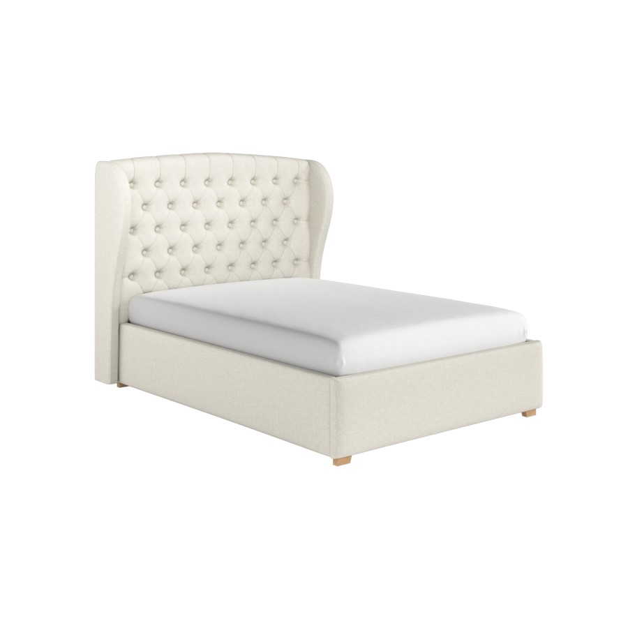 Cream Upholstered Double Ottoman Bed with Winged Chesterfield Headboard - Safina