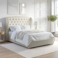 Cream Upholstered King Size Ottoman Bed with Winged Chesterfield Headboard - Safina