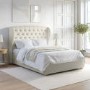 Cream Upholstered King Size Ottoman Bed with Winged Chesterfield Headboard - Safina