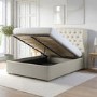 Cream Upholstered King Size Ottoman Bed with Winged Chesterfield Headboard - Safina