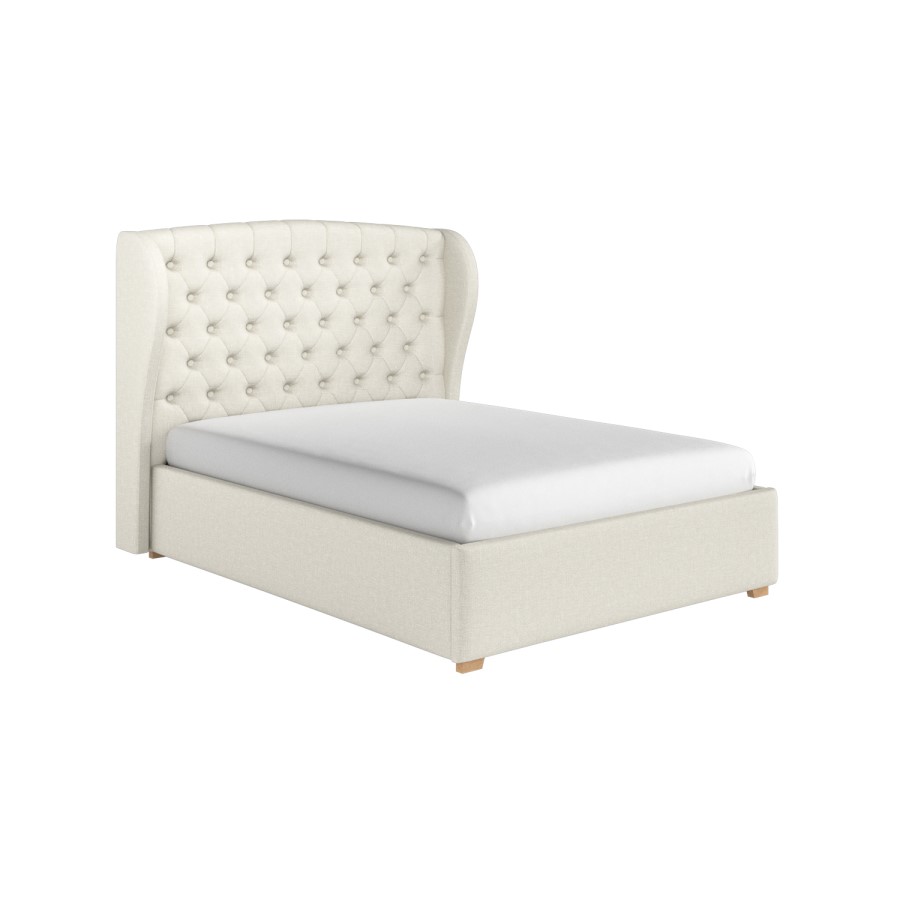 Cream Upholstered King Size Ottoman Bed with Winged Chesterfield Headboard - Safina