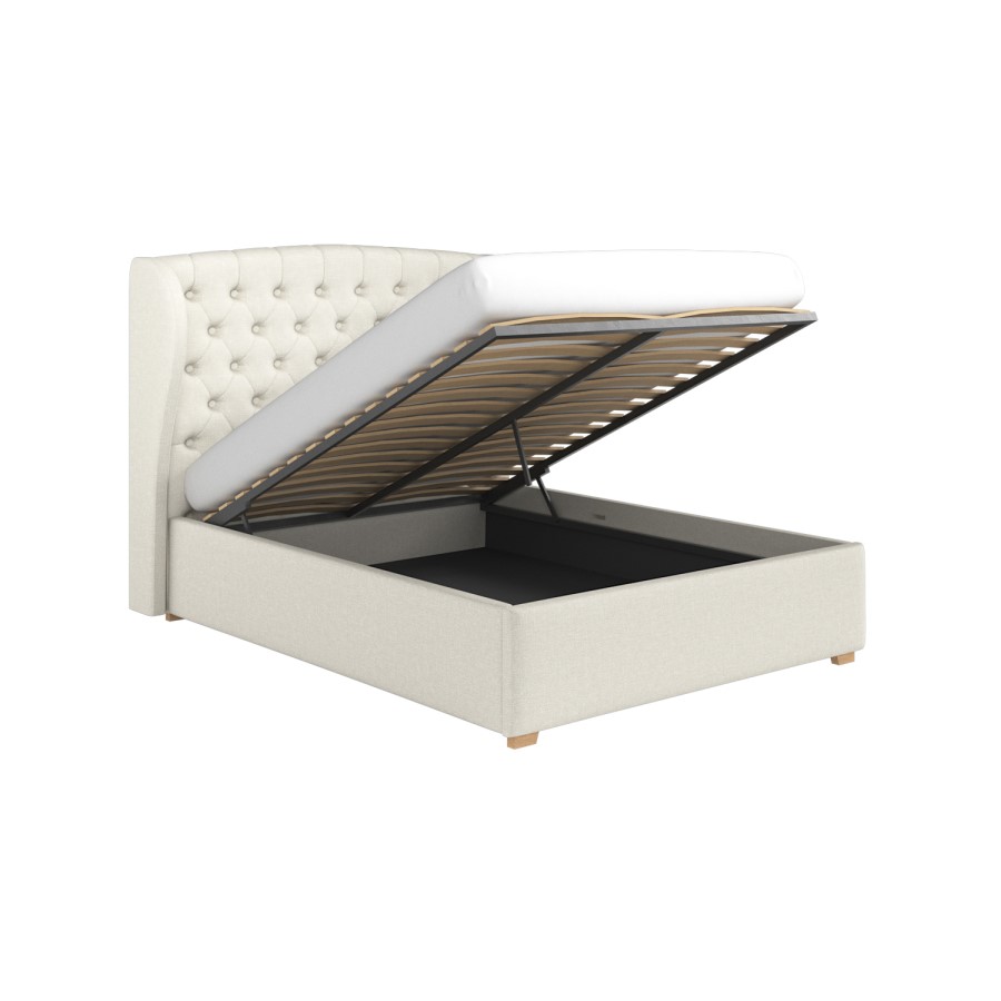 Cream Upholstered King Size Ottoman Bed with Winged Chesterfield Headboard - Safina