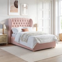 Pink Velvet Small Double Ottoman Bed with Winged Chesterfield Headboard - Safina