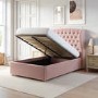 Pink Velvet Small Double Ottoman Bed with Winged Chesterfield Headboard - Safina