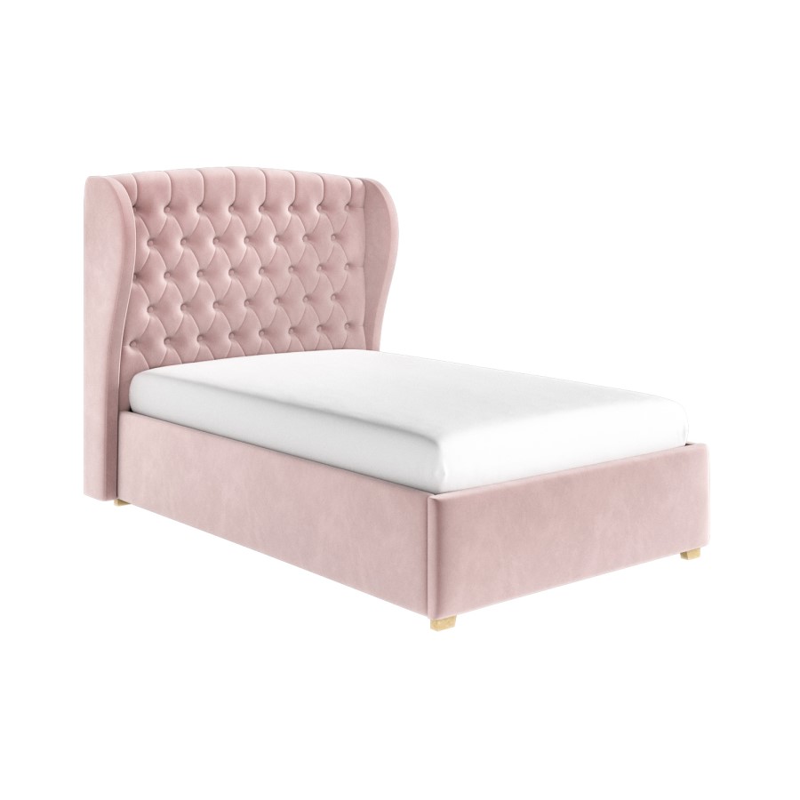 Pink Velvet Small Double Ottoman Bed with Winged Chesterfield Headboard - Safina