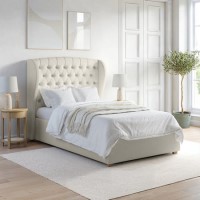 Cream Upholstered Small Double Ottoman Bed with Winged Chesterfield Headboard - Safina
