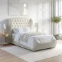 Cream Upholstered Small Double Ottoman Bed with Winged Chesterfield Headboard - Safina