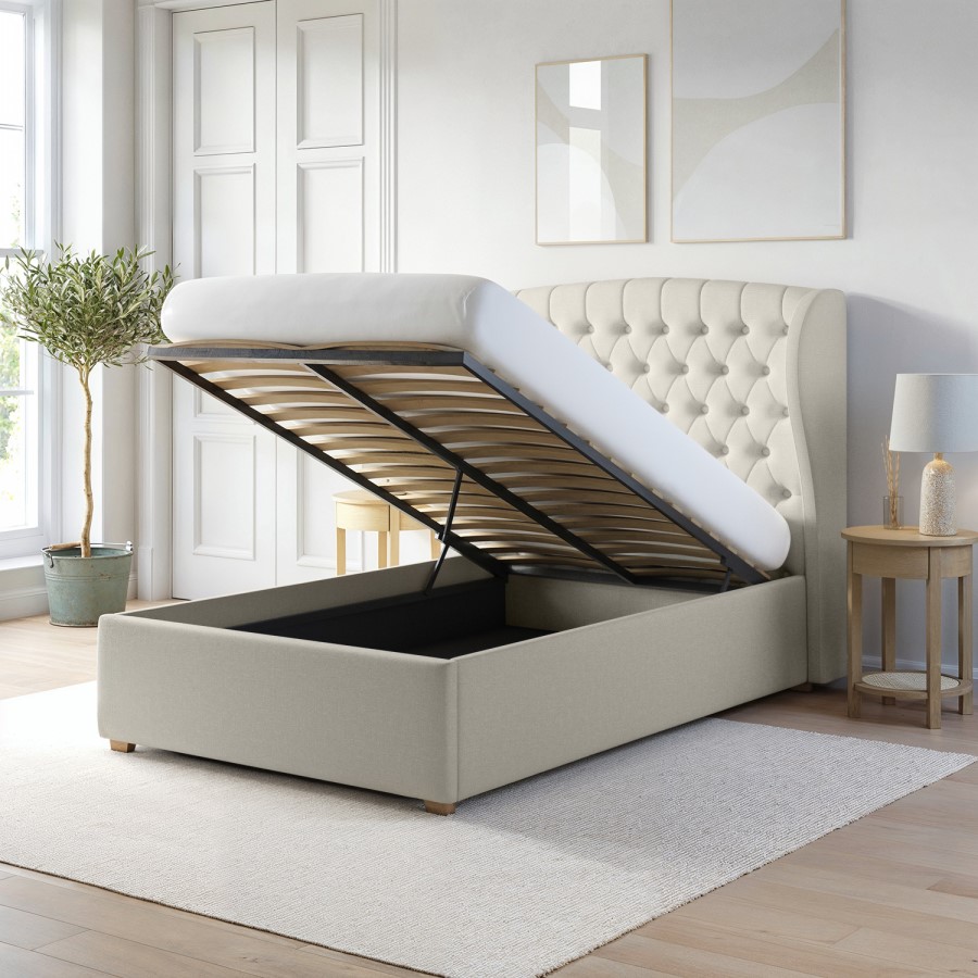 Cream Upholstered Small Double Ottoman Bed with Winged Chesterfield Headboard - Safina