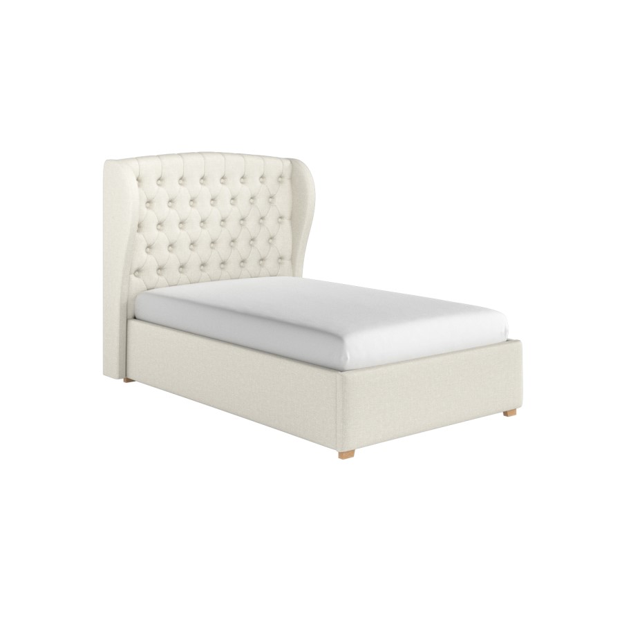 Cream Upholstered Small Double Ottoman Bed with Winged Chesterfield Headboard - Safina