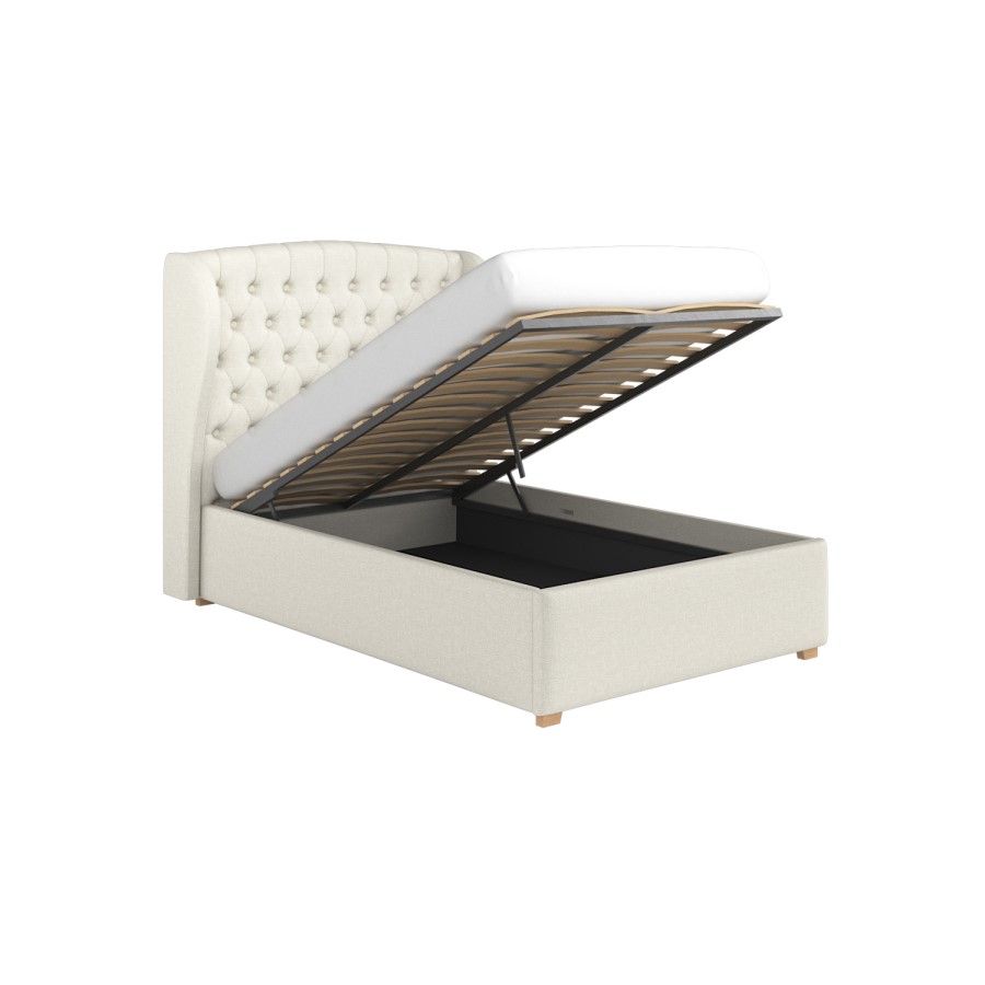 Cream Upholstered Small Double Ottoman Bed with Winged Chesterfield Headboard - Safina