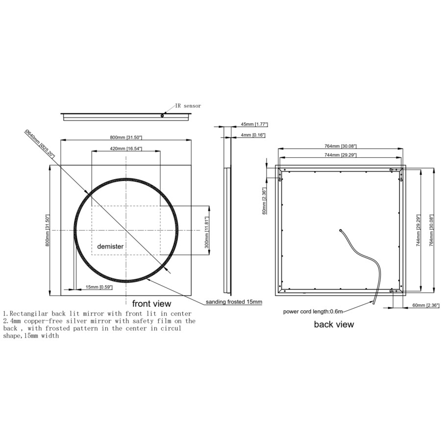 Square Front and Backlit Heated Bathroom Mirror with Lights 800mm - Saturn