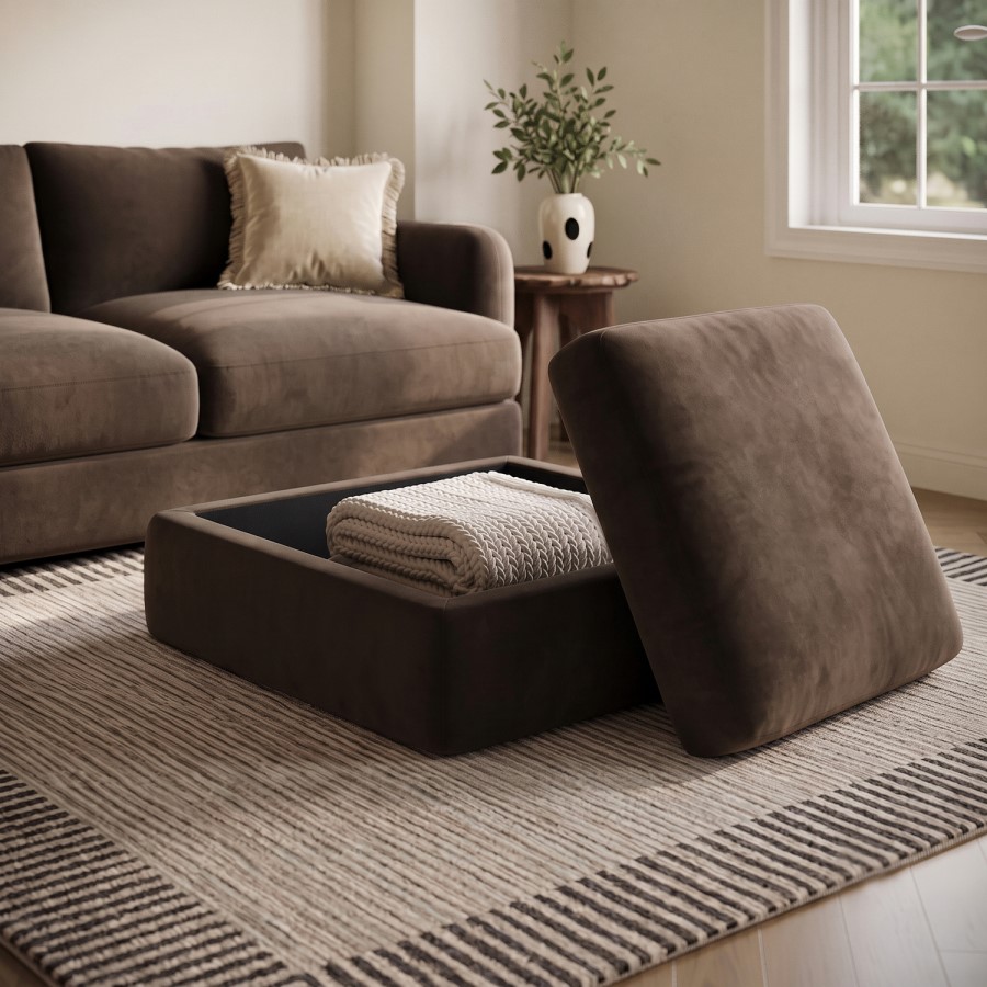 Chocolate Brown Velvet Ottoman Storage Footstool - Sade