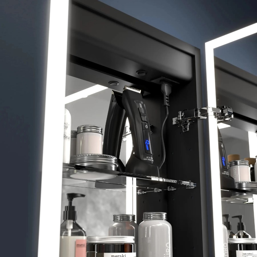 Sensio Eclipse Double Door Black Recessed Bathroom Mirror Cabinet with Lights, Demister & Shaver Socket 600 x 700mm