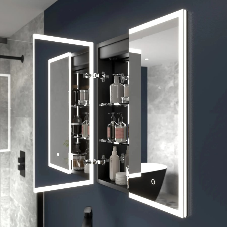 Sensio Eclipse Double Door Black Recessed Bathroom Mirror Cabinet with Lights, Demister & Shaver Socket 600 x 700mm