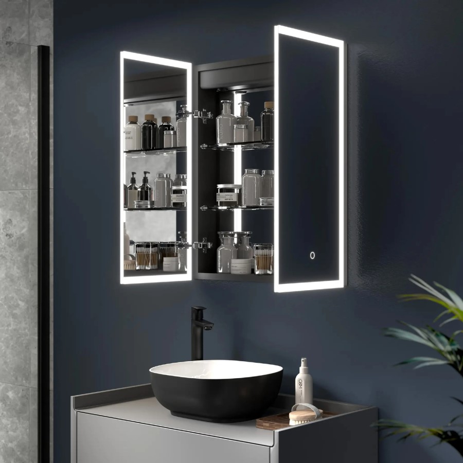 Sensio Eclipse Double Door Black Recessed Bathroom Mirror Cabinet with Lights, Demister & Shaver Socket 600 x 700mm