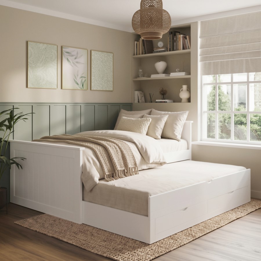 Small Double White Wooden Guest Bed with Storage and Trundle - Sander