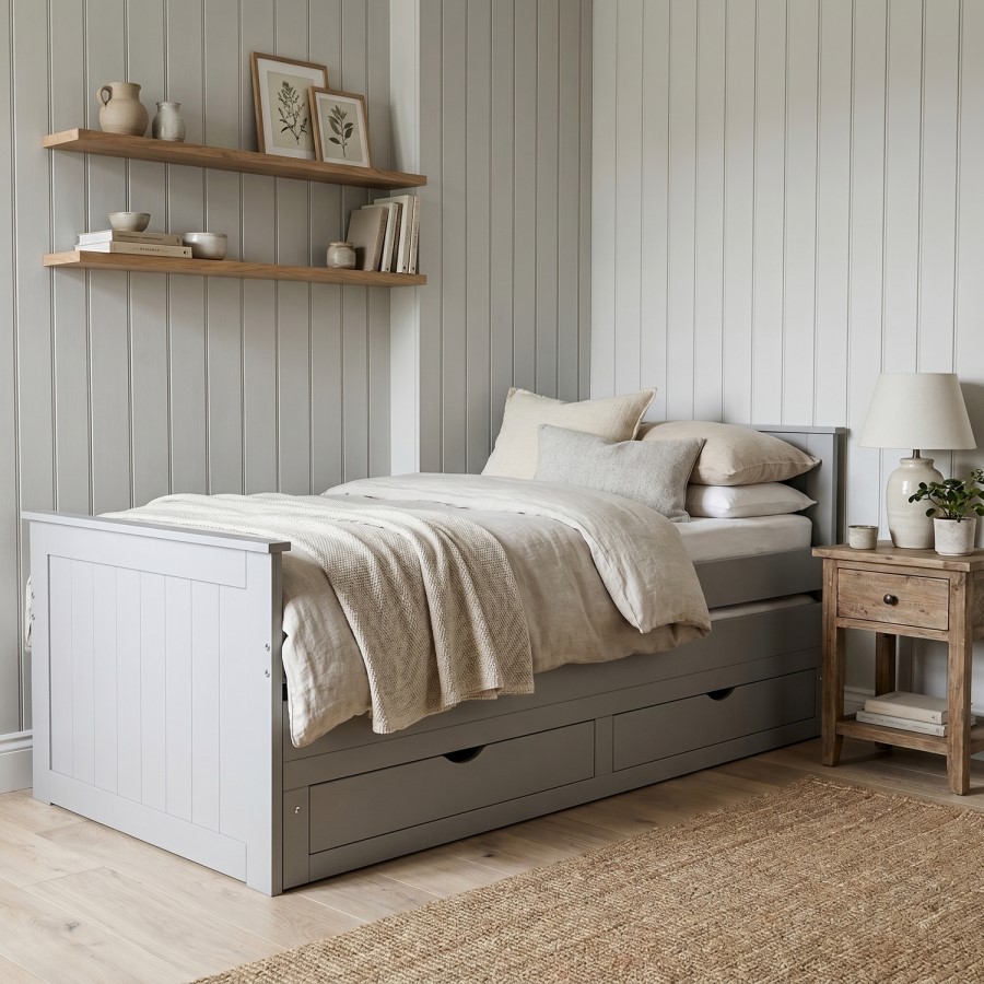 Single Grey Wooden Guest Bed with Storage and Trundle - Sander