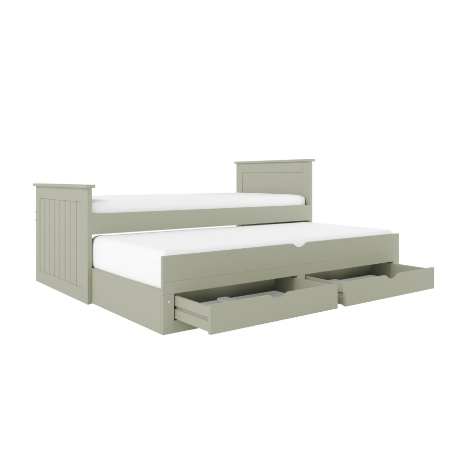 Single Green Wooden Guest Bed with Storage and Trundle - Sander