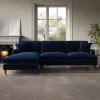 Navy Blue Velvet Left Hand Facing 4 Seater Chaise Corner Sofa - Payton
