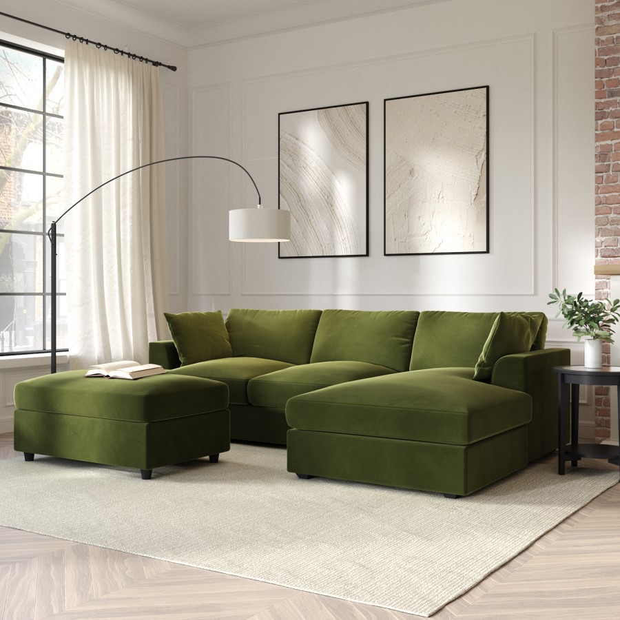Large Olive Green Velvet Right Hand 4 Seater Chaise Corner Sofa - August