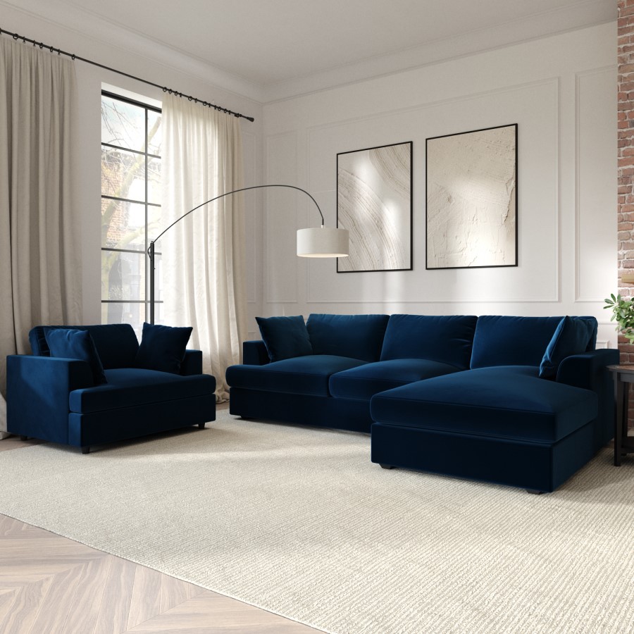 Large Navy Blue Velvet Right Hand 4 Seater Chaise Corner Sofa - August
