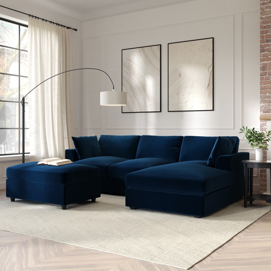 Large Navy Blue Velvet Right Hand 4 Seater Chaise Corner Sofa - August