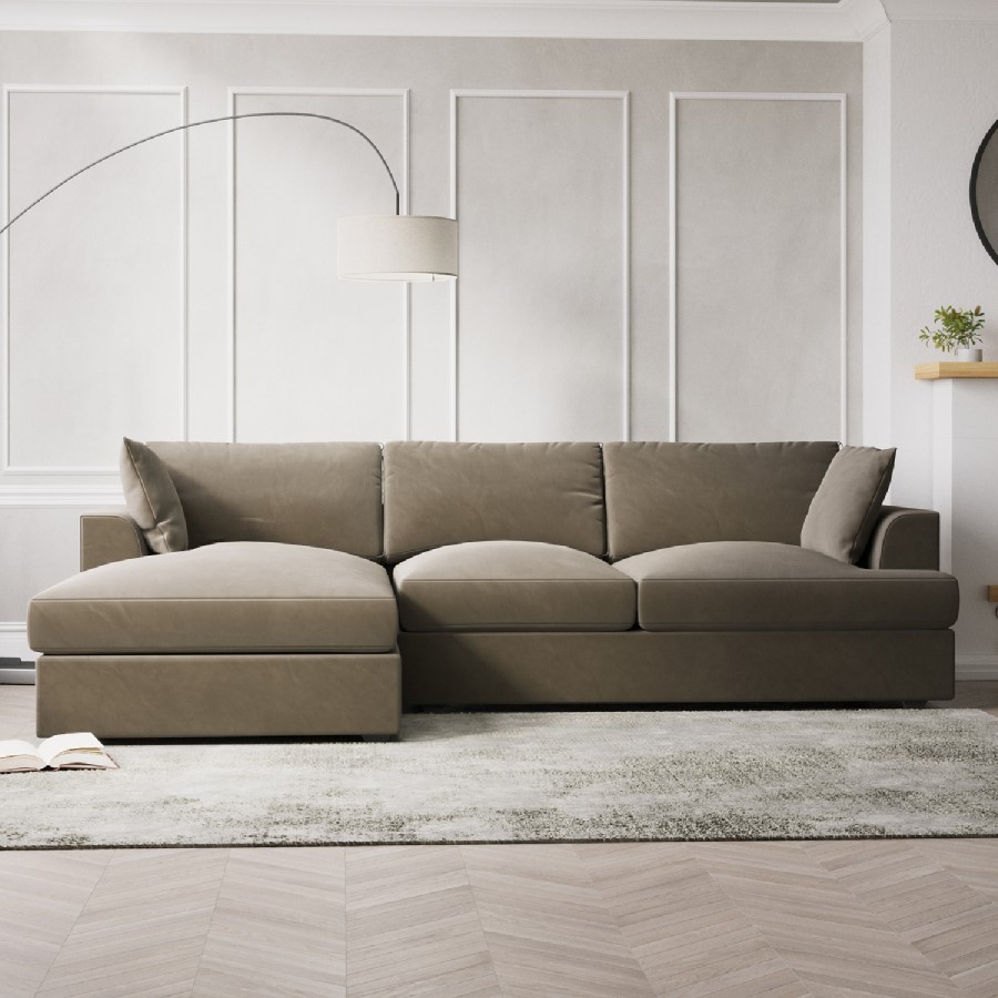 Left Hand Chaise Corner Sofa and Footstool Set in Mink Velvet - August