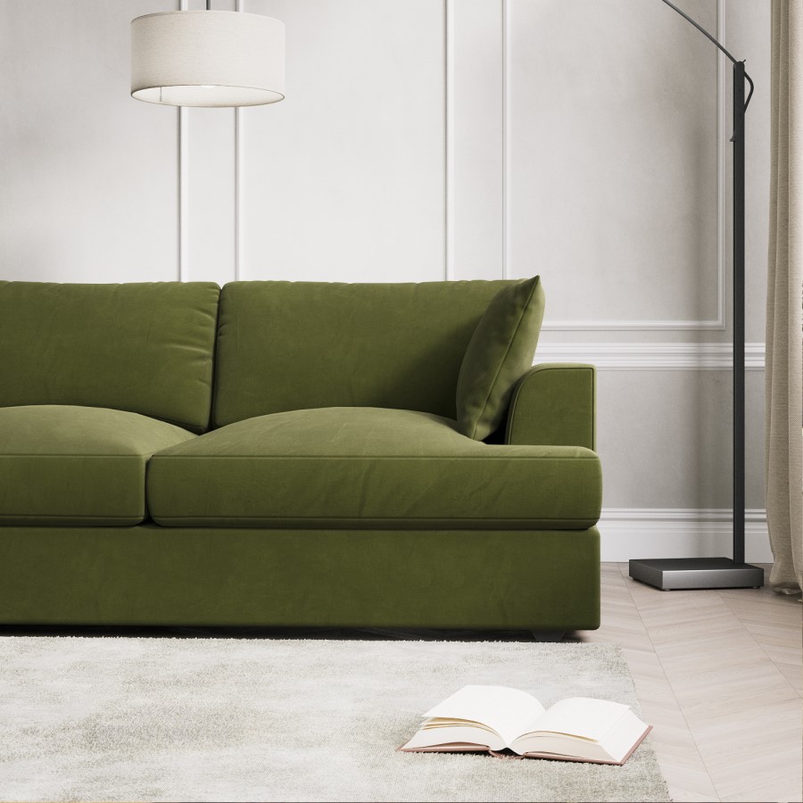 Olive Green Velvet Left Hand 4 Seater Chaise Corner Sofa - August