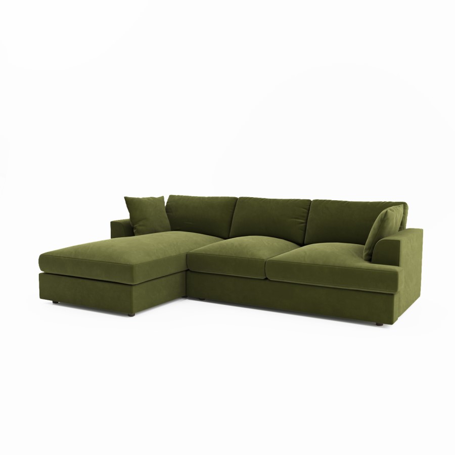 Olive Green Velvet Left Hand 4 Seater Chaise Corner Sofa - August