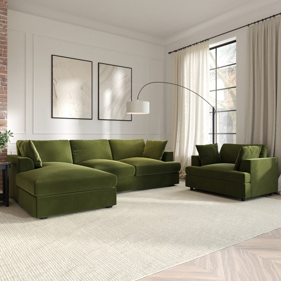 Olive Green Velvet Left Hand 4 Seater Chaise Corner Sofa - August