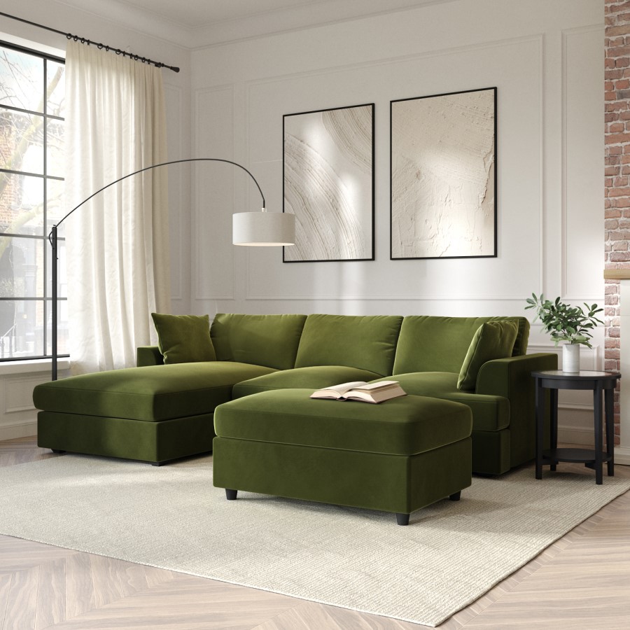 Olive Green Velvet Left Hand 4 Seater Chaise Corner Sofa - August