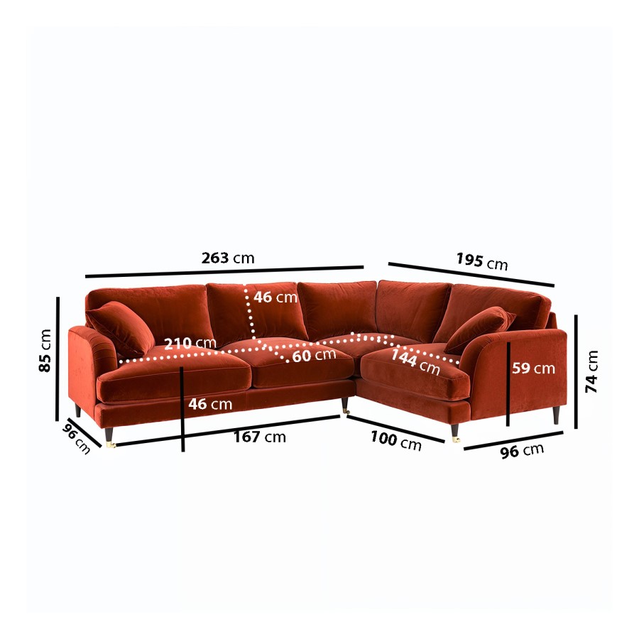 Burnt Orange Velvet 4 Seater Right Hand Corner Sofa - Payton 