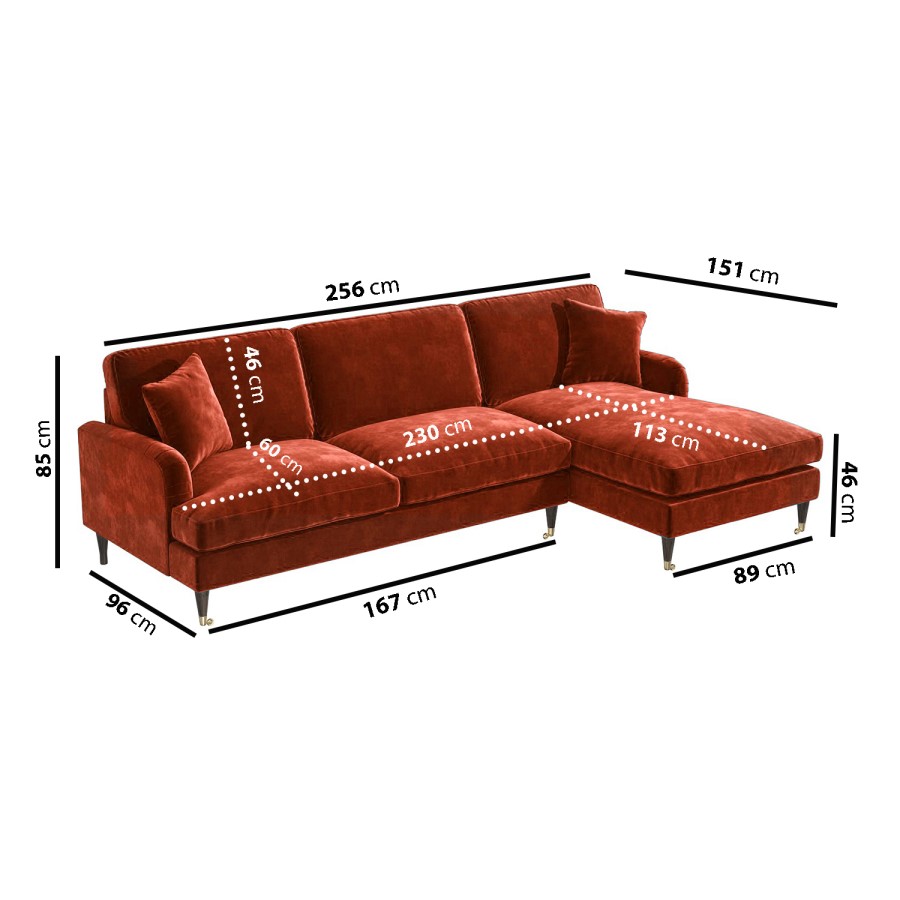 Burnt Orange Velvet Right Hand Facing 4 Seater Chaise Corner Sofa - Payton