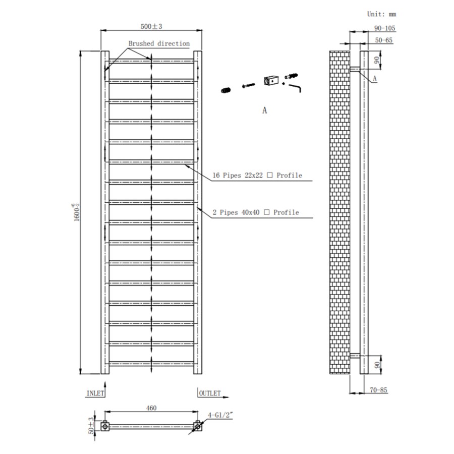 Black Towel Radiator 1600 x 500mm with Pipe Kit and Straight Valves - Sonoran