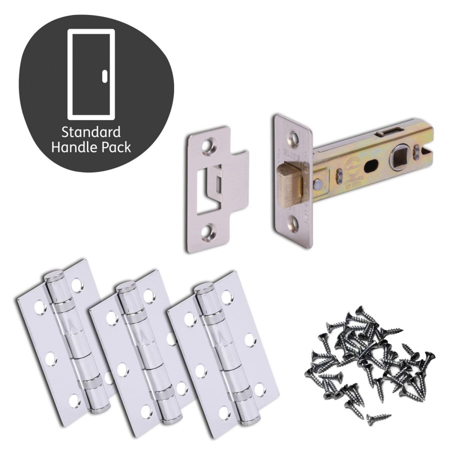 Internal Silver Polished/Satin Chrome Lever Fire Door Handle with Latch and Hinges Pack - 75mm Latch - Tiber - XL Joinery