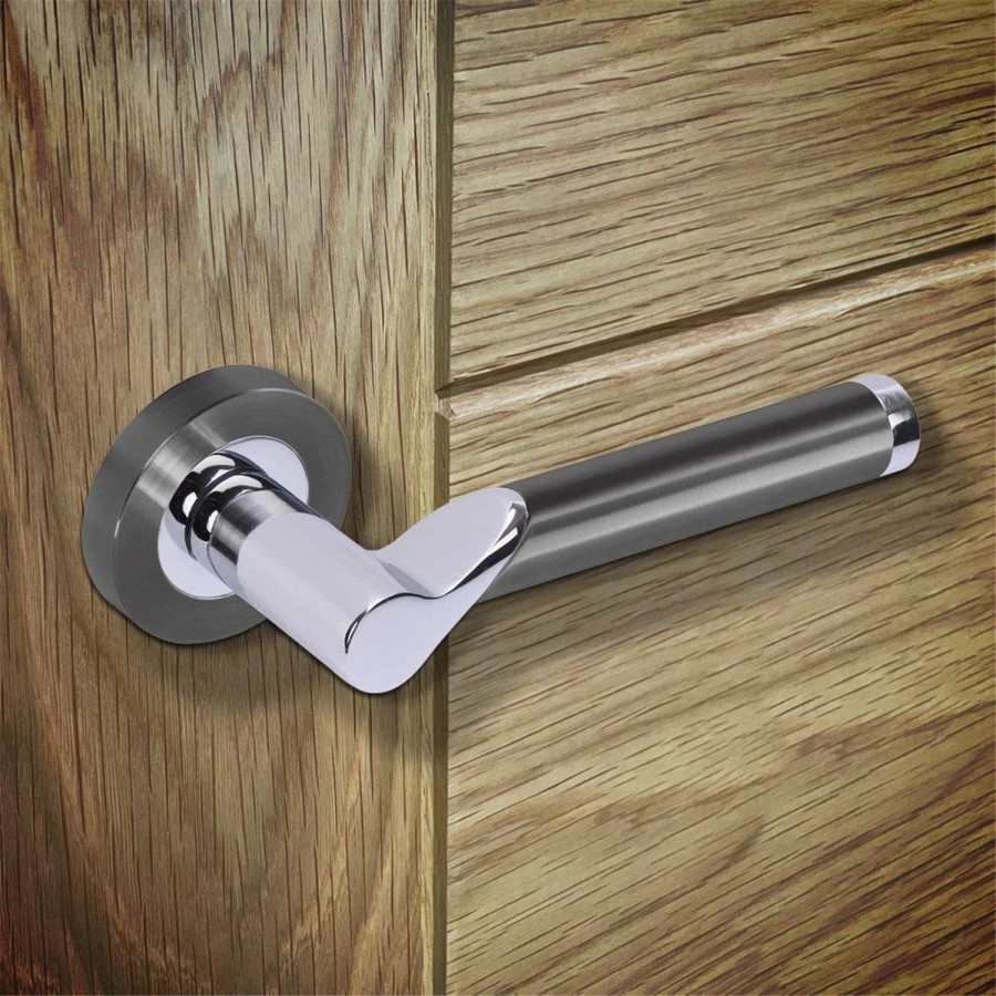 Internal Black Nickel and Silver Polished Chrome Lever Door Handle with Latch and Hinges Pack - 65mm Latch - Timis - XL Joinery