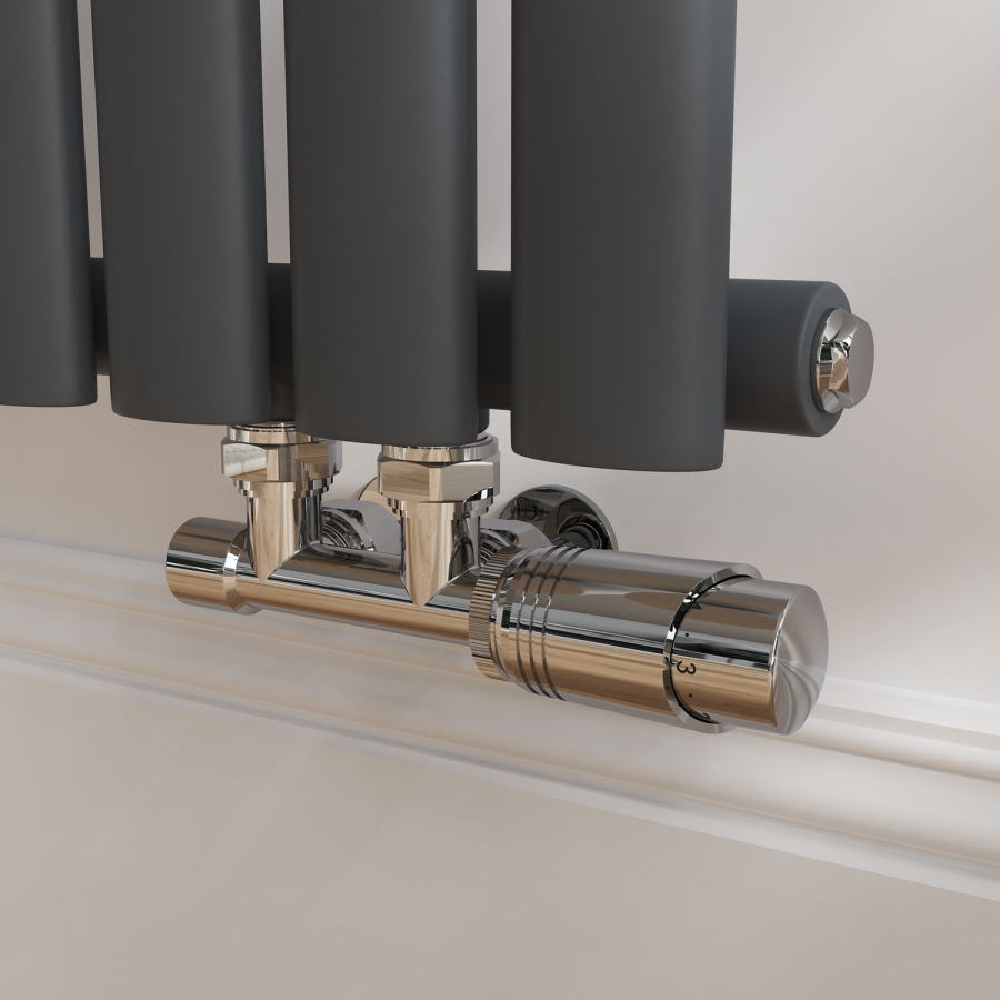 Elego Chrome Modern TRV H Block Angled Thermostatic Radiator Valves With Lockshield