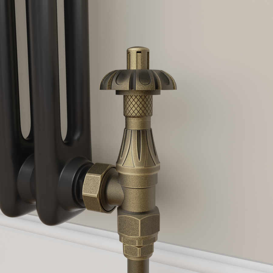 Maesta Antique Brass Traditional TRV Angled Thermostatic Radiator Valves With Lockshield