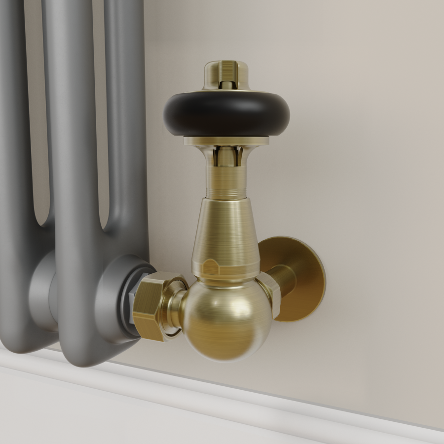Maesta Antique Brass Traditional TRV Corner Thermostatic Radiator Valves With Lockshield