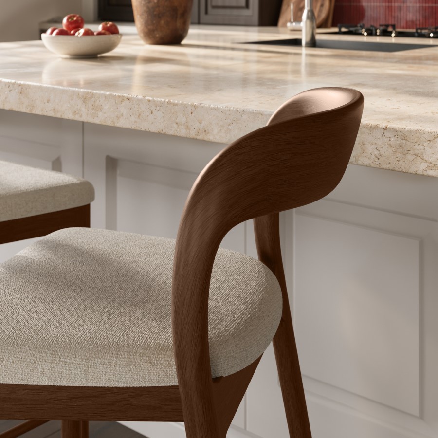 Beige Upholstered Kitchen Stool with Walnut Solid Wood Frame - Uma