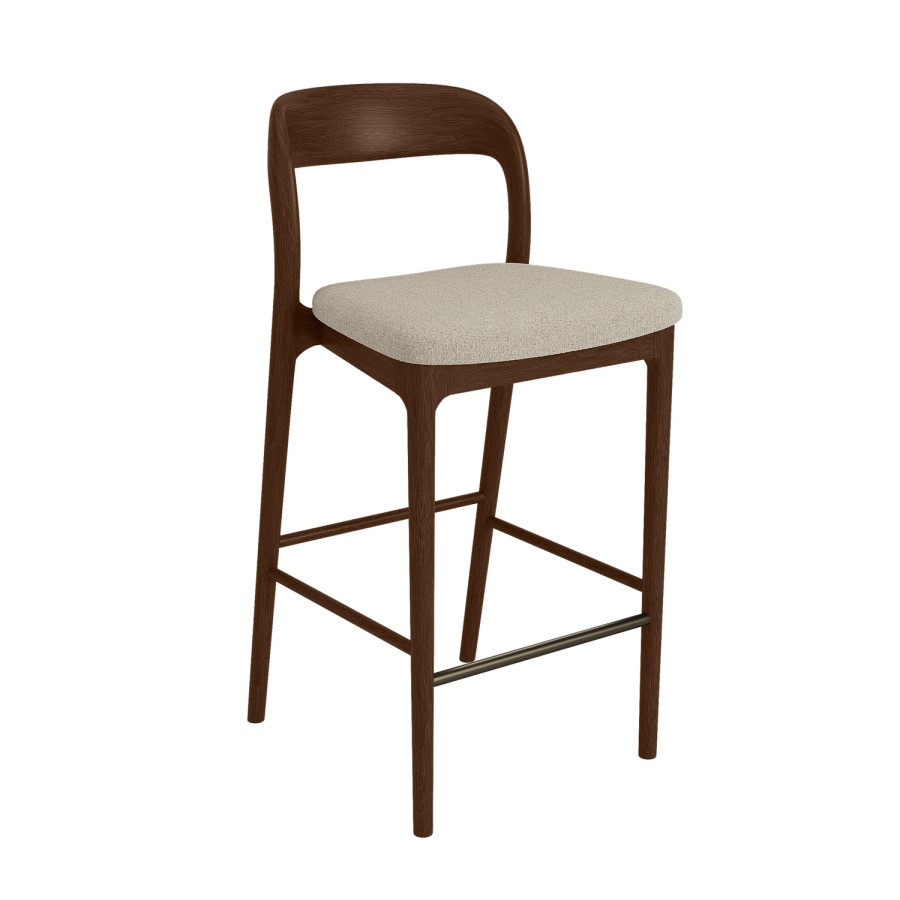 Beige Upholstered Kitchen Stool with Walnut Solid Wood Frame - Uma