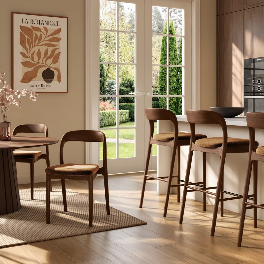 Rust Upholstered Kitchen Stool with Walnut Solid Wood Frame - Uma