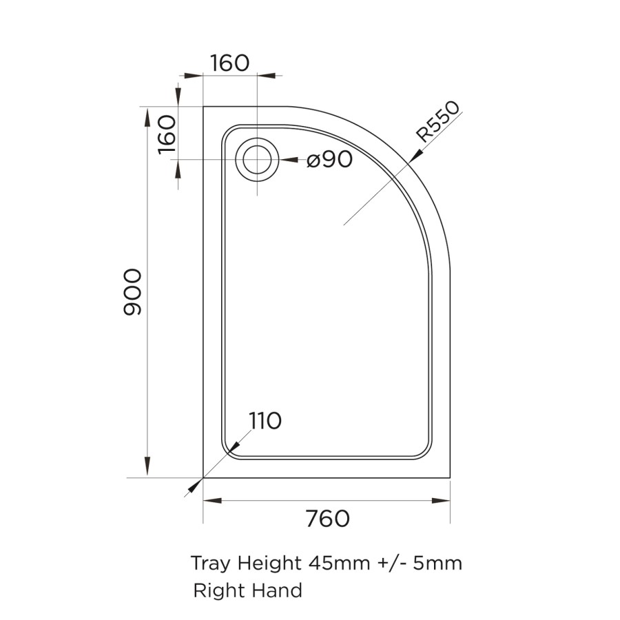 900x760mm Right Hand Offset Quadrant 45mm White Stone Resin Shower Tray – Pearl