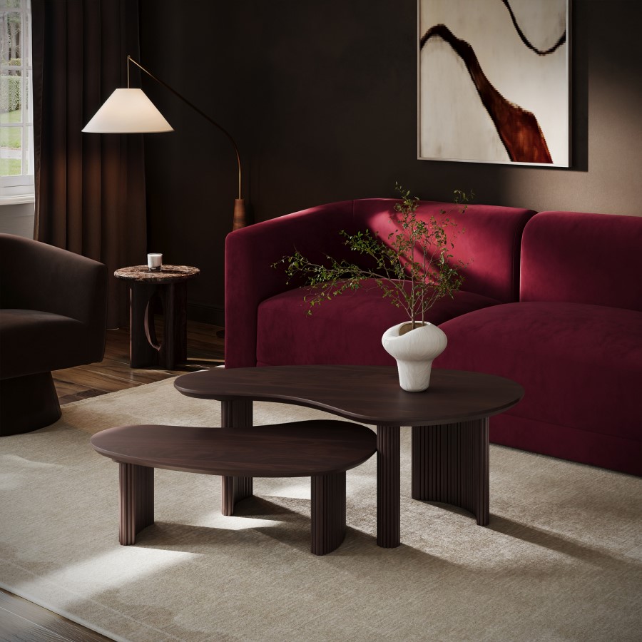 Large Curved Walnut Effect Coffee Table with 3 Legs - Ivan