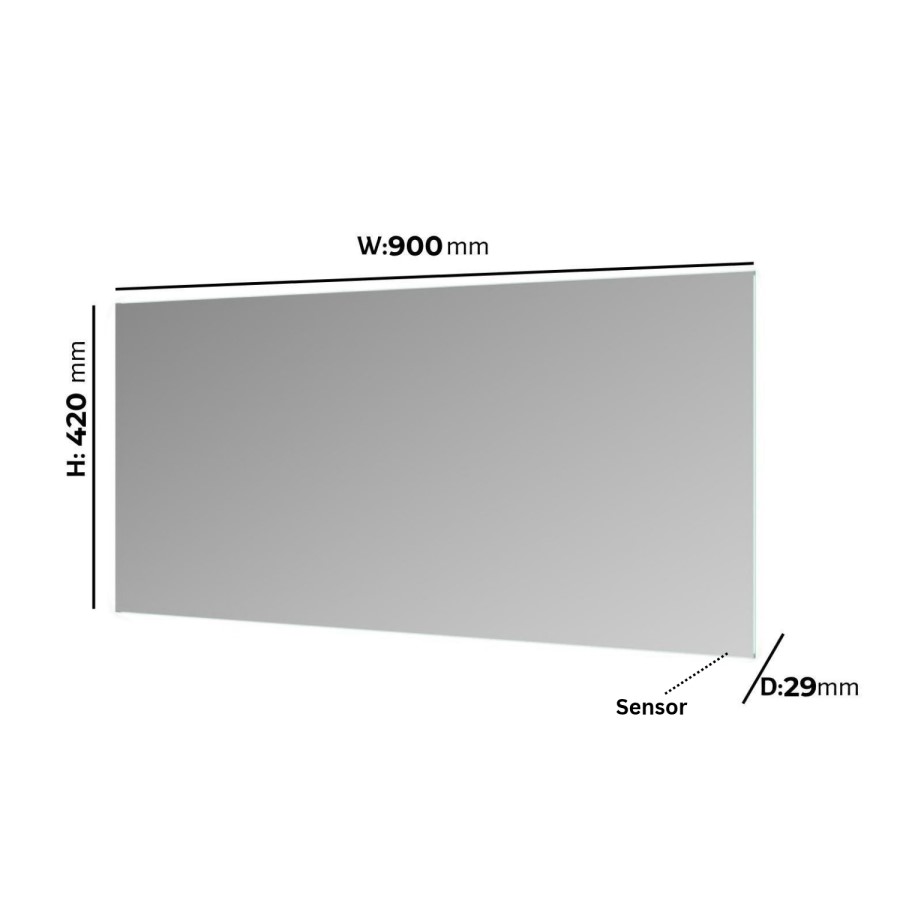 Rectangular Backlit Heated Bathroom Mirror with Lights – 900 x 420mm - Vela