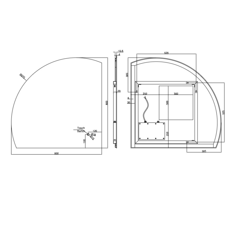 Half Circle Corner Backlit Heated Bathroom Mirror with Lights 800mm – Virgo