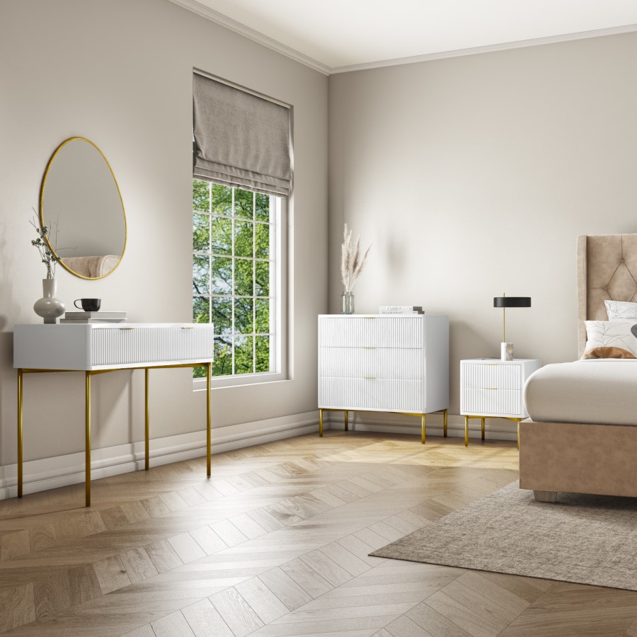 Wide White High Gloss 6 Drawer Chest of Drawers with Gold Legs - Valencia